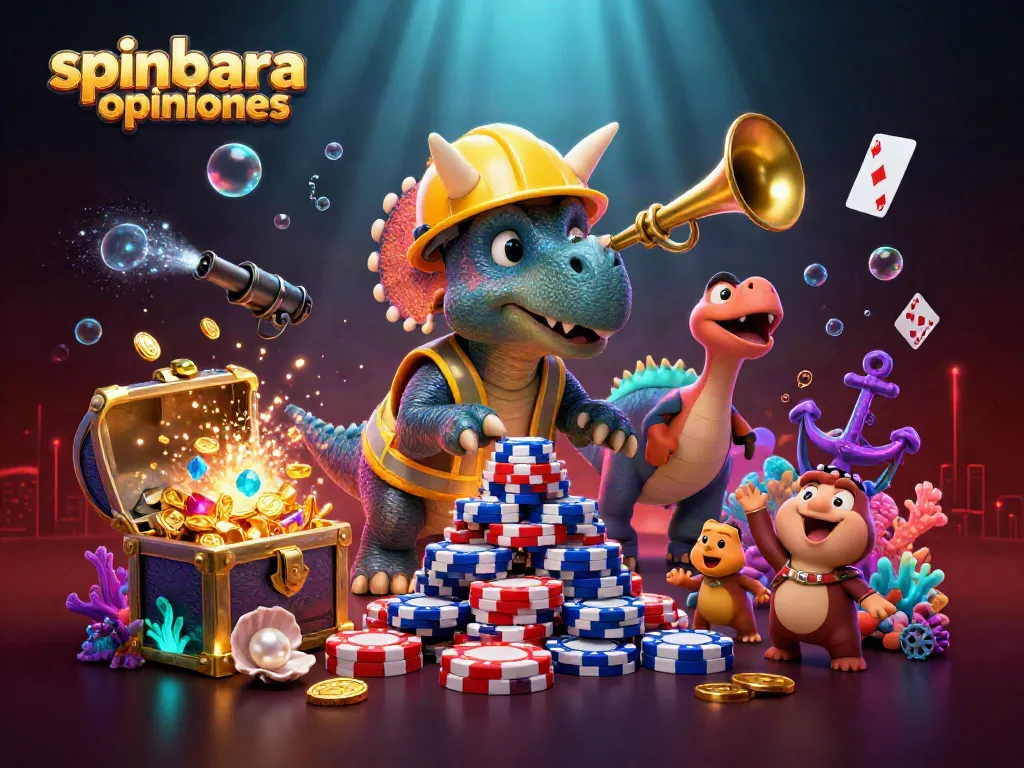 Spinbara opiniones showcase vibrant underwater casino scene with cheering characters and glowing elements.