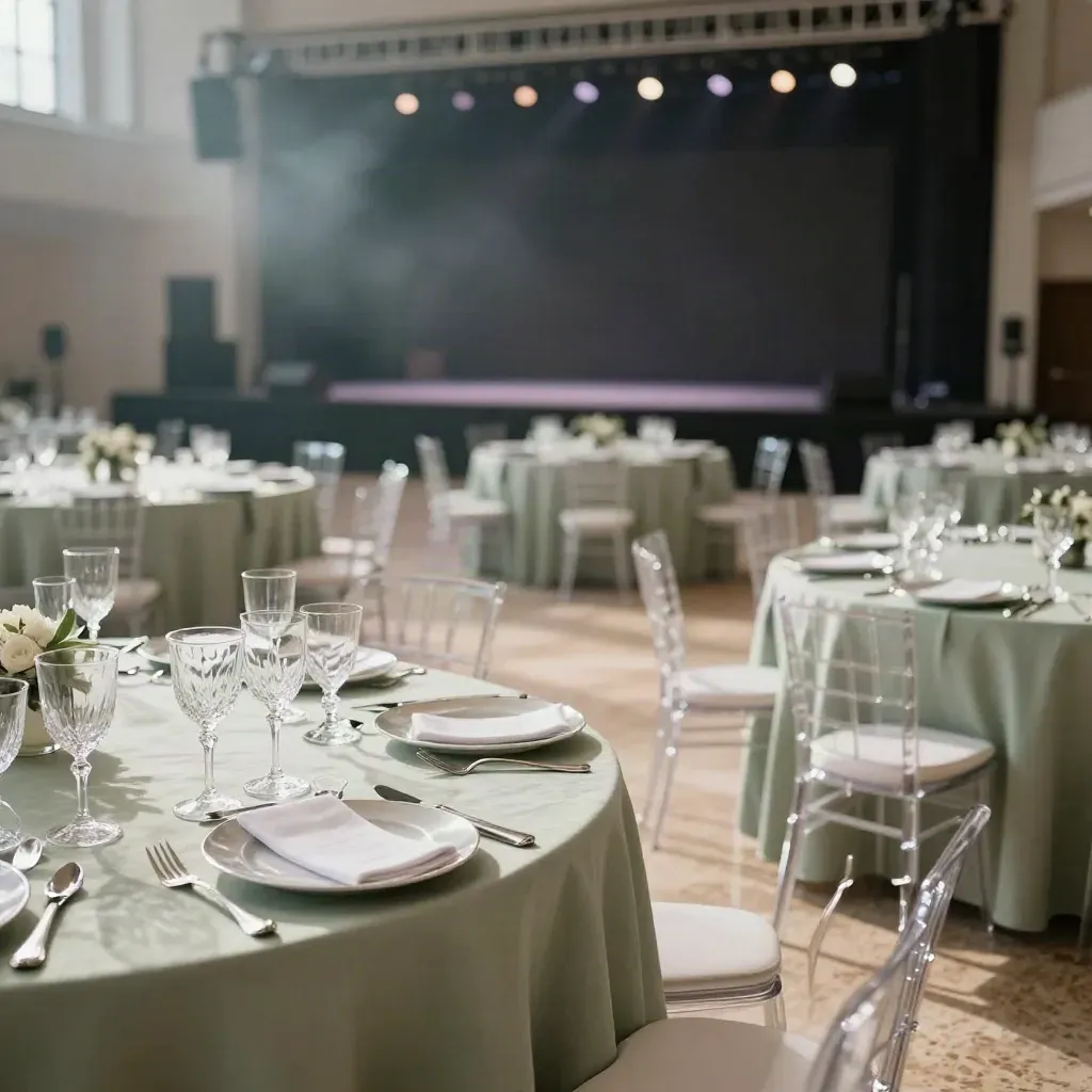 Salón corporativo con mesas redondas de lino salvia, copas alineadas y escenario vacío.
