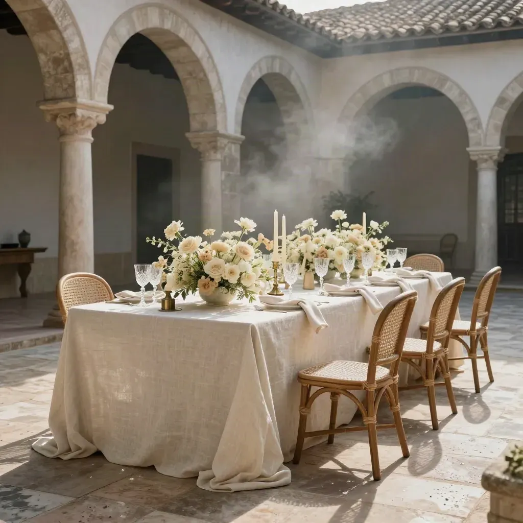Patio ceremonial español con mesa imperial, velas y flores crema bajo luz tras la lluvia.