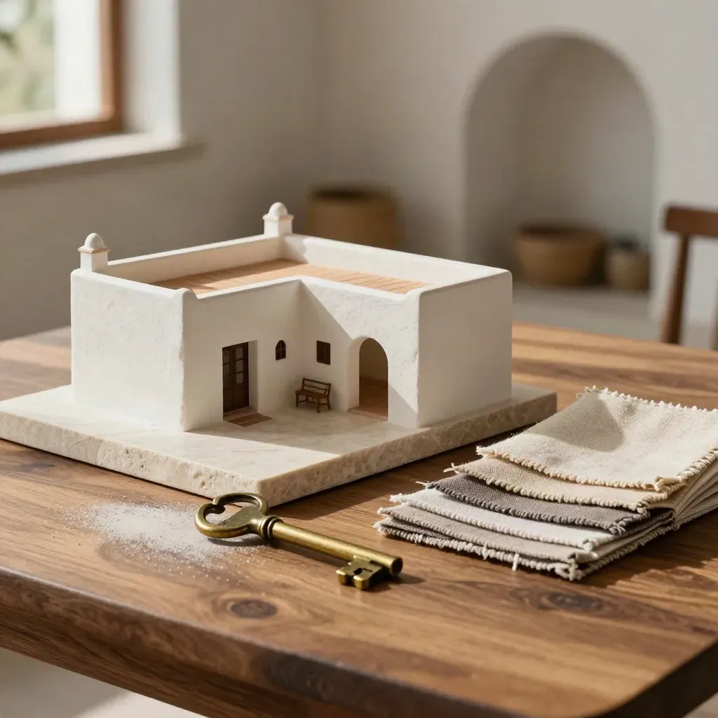 Maqueta de finca, muestra de piedra, llave antigua y muestrarios sobre mesa cálida.
