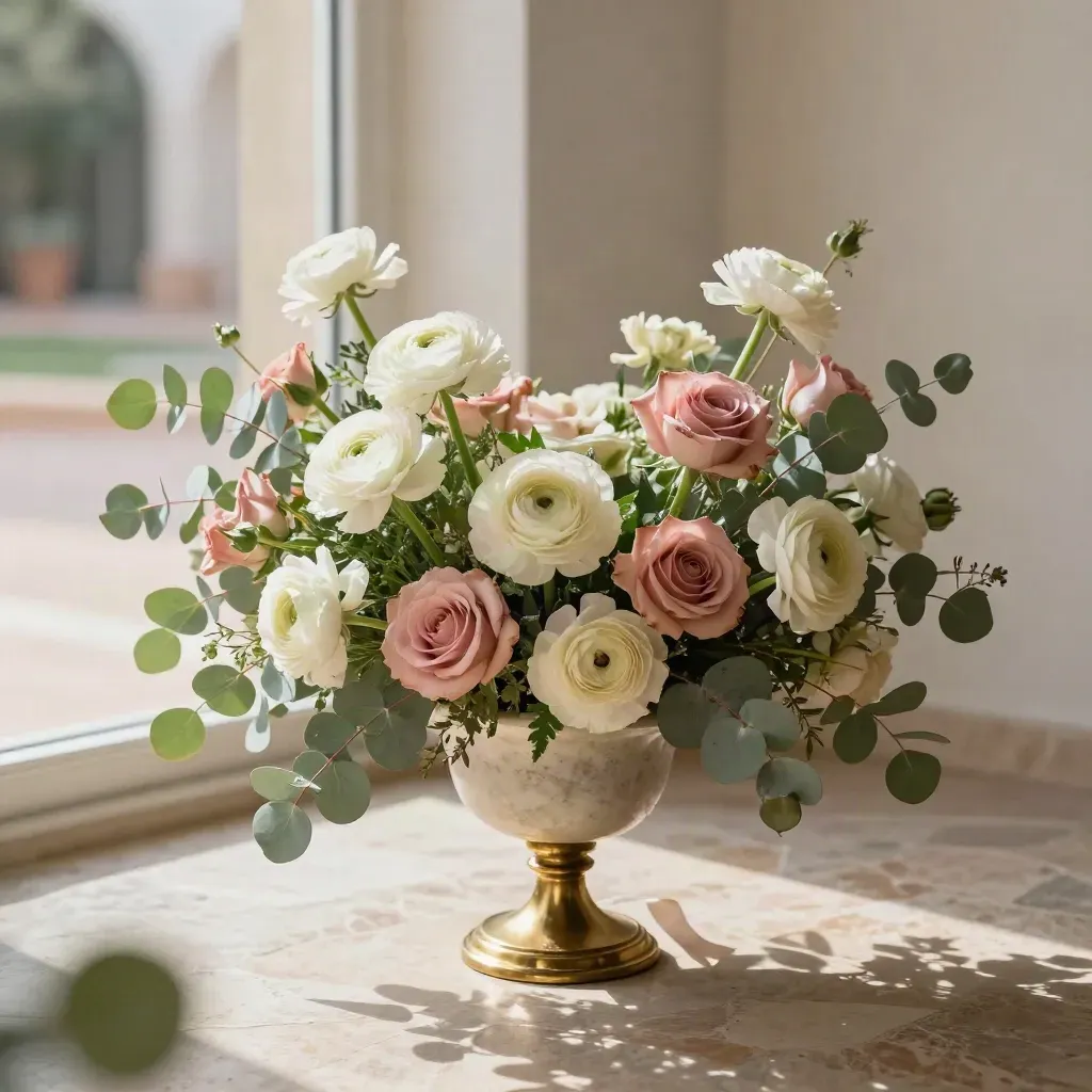 Centro floral con ranúnculos crema, rosas empolvadas y candelabro de latón sobre piedra clara.