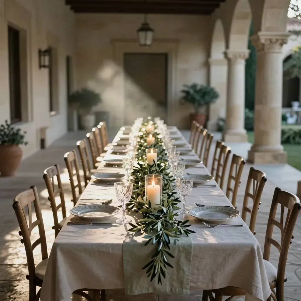 Patio toledano con mesa larga servida, sillas vacías, velas y guirnaldas de olivo al atardecer