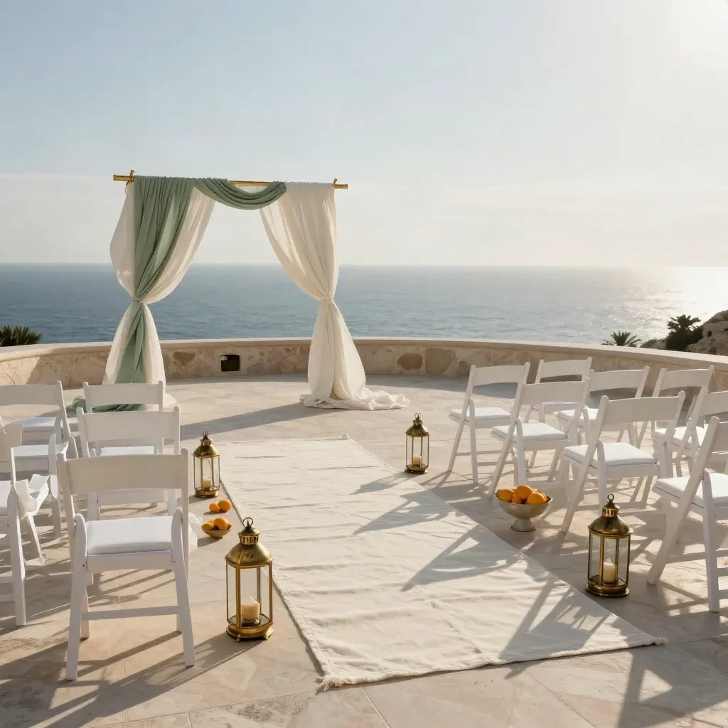 Terraza blanca frente al mar con ceremonia montada, sillas vacías, cítricos y gasas al viento.