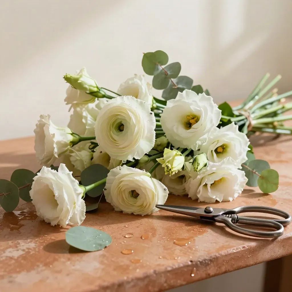 Ramo de flores con tijeras sobre una mesa húmeda de floristería, vista cenital parcial.