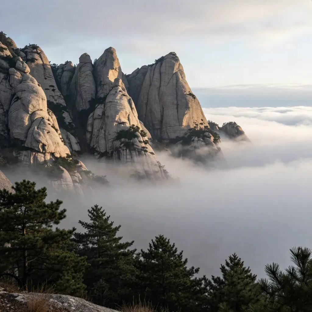 Montserrat entre nubes y pinos oscuros, con el valle cubierto de niebla.