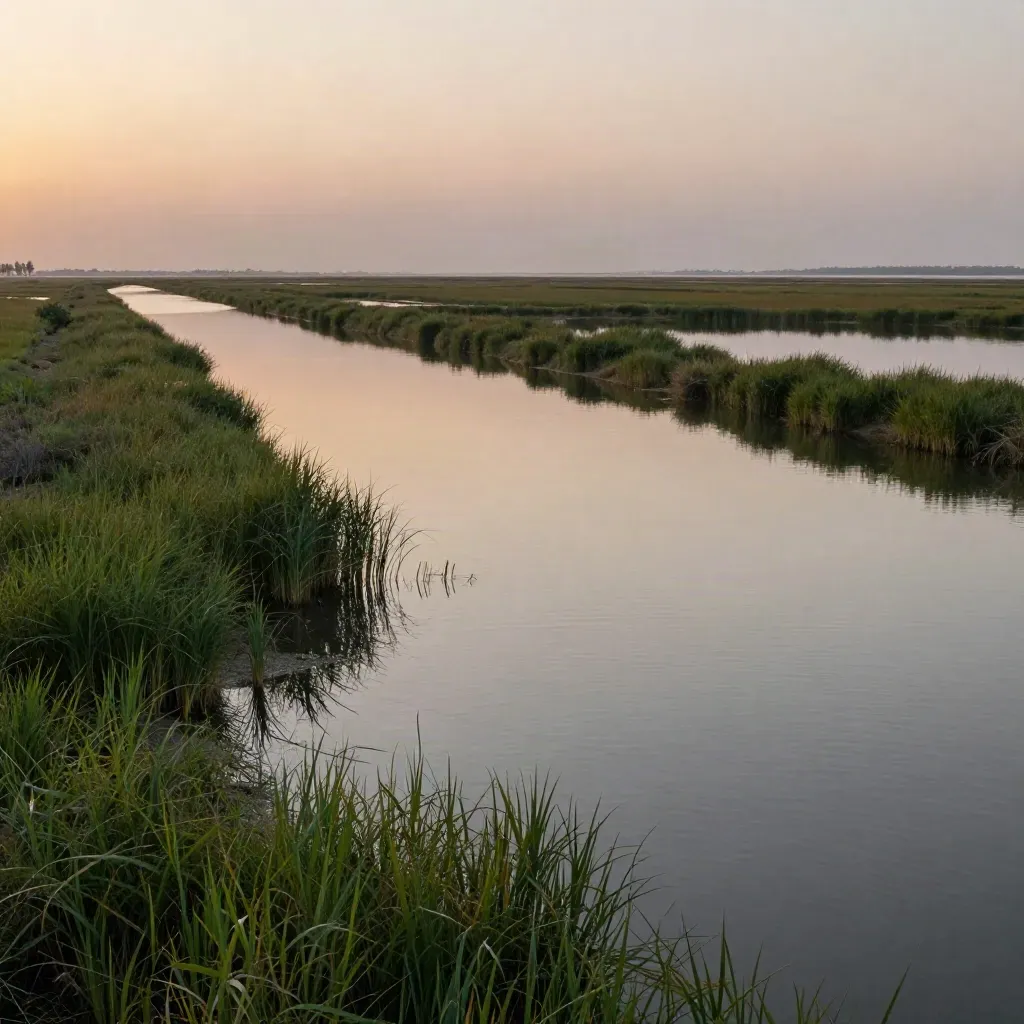 L'Albufera al atardecer con agua quieta, arrozales y horizonte bajo naranja