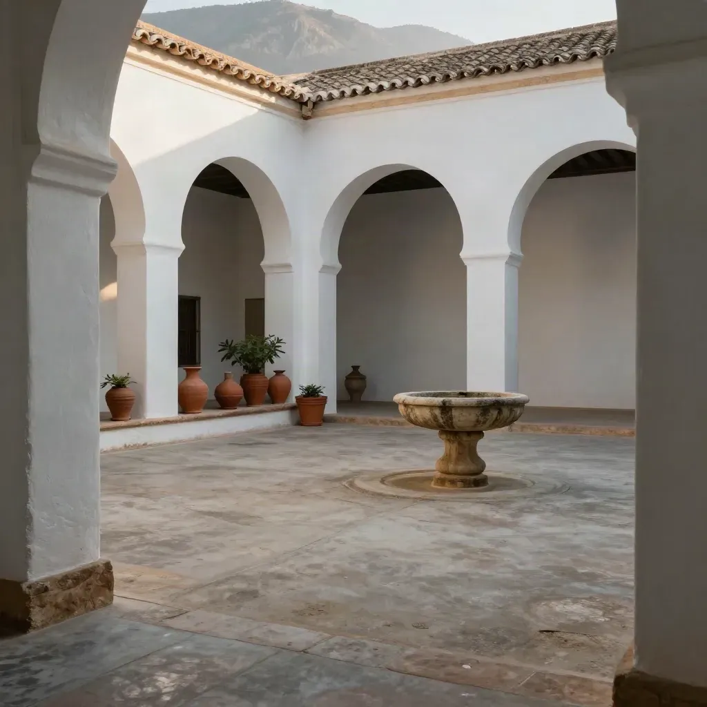 Patio andaluz blanco con arcos de cal, macetas de barro y sierra lejana al atardecer.